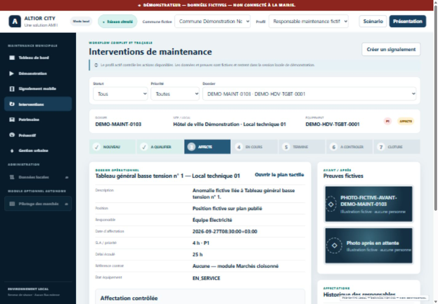Suivi d’un dossier de maintenance — application ALTIOR CITY, données fictives