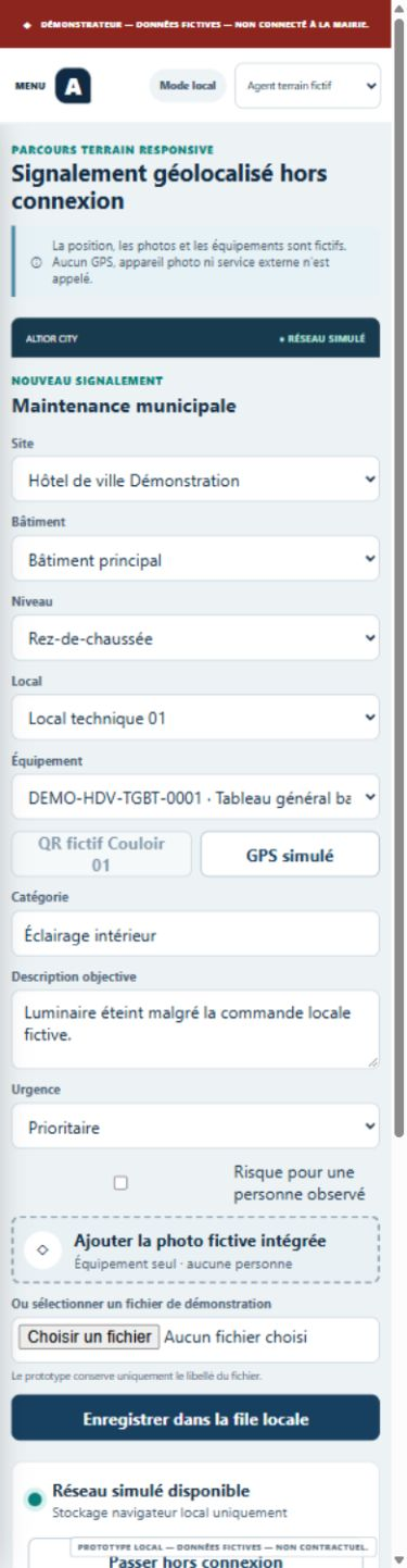 Saisie terrain sur smartphone — application ALTIOR CITY, données fictives