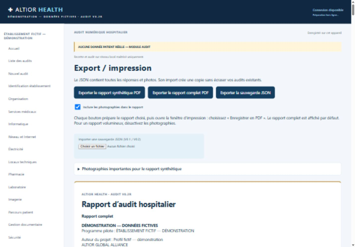 Préparation des rapports et sauvegardes — ALTIOR HEALTH, données de démonstration fictives