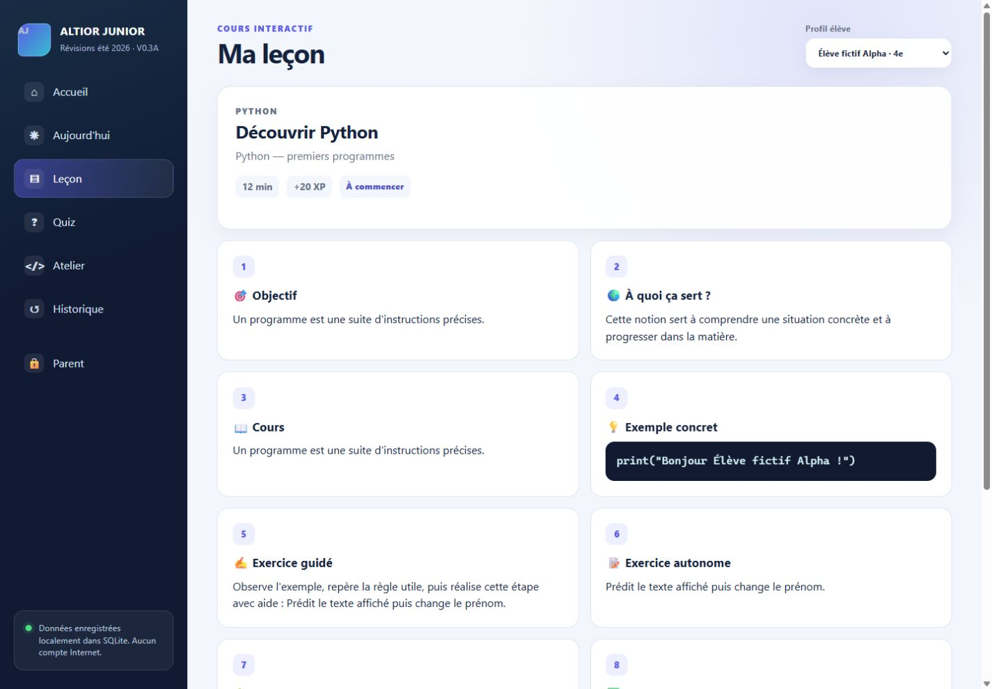 Leçon guidée — application ALTIOR JUNIOR, données fictives