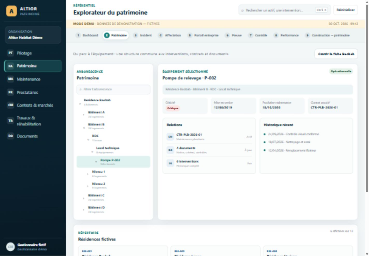 Explorateur du patrimoine — prototype ALTIOR PATRIMOINE, données fictives